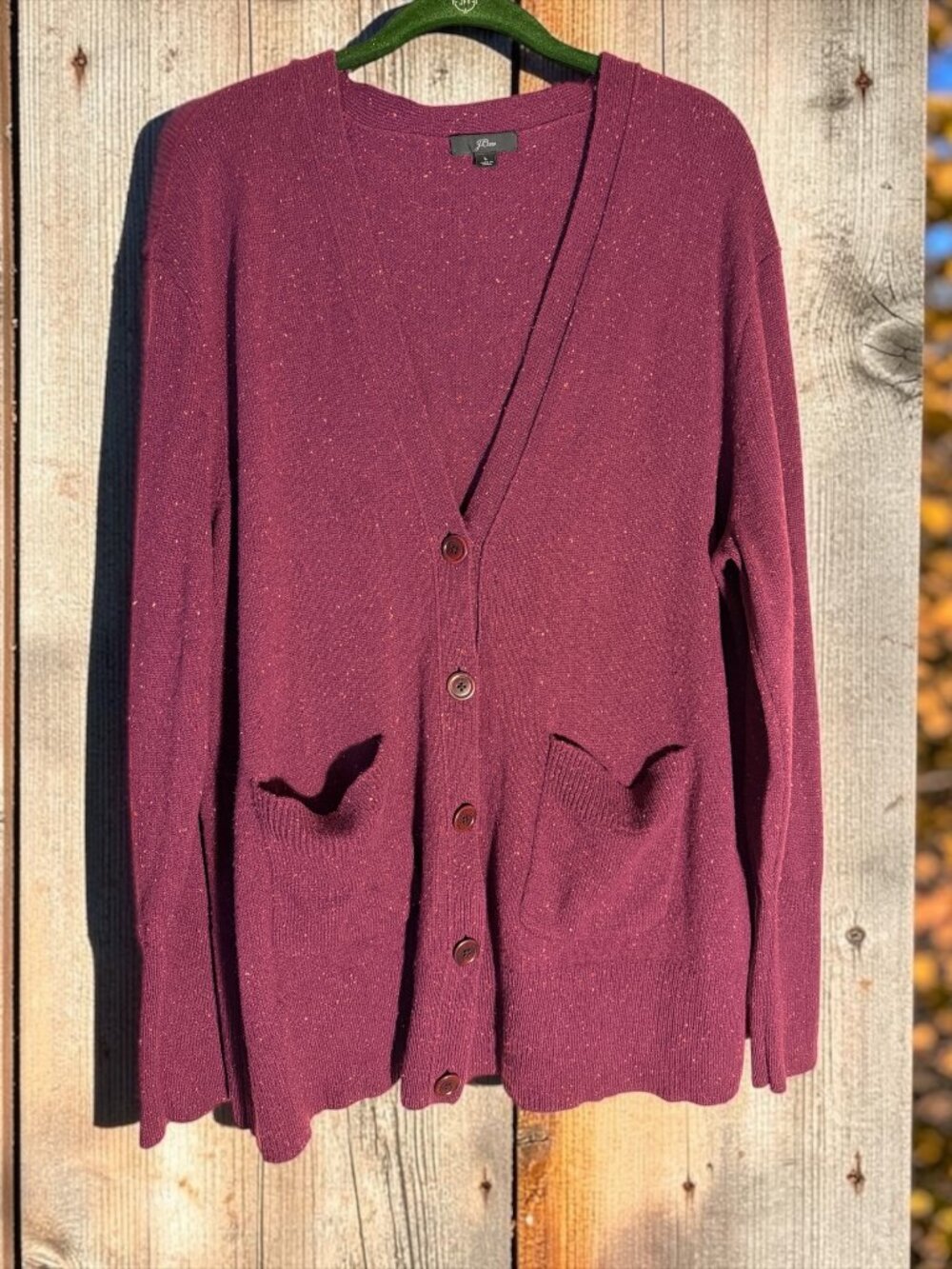 J. Crew Maroon/Burgundy Speckled Merino Wool Blend Cardigan V-Neck Sweater Sz L